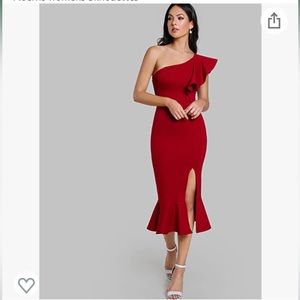 Florens Red Bodycon one shoulder midi dress with slit